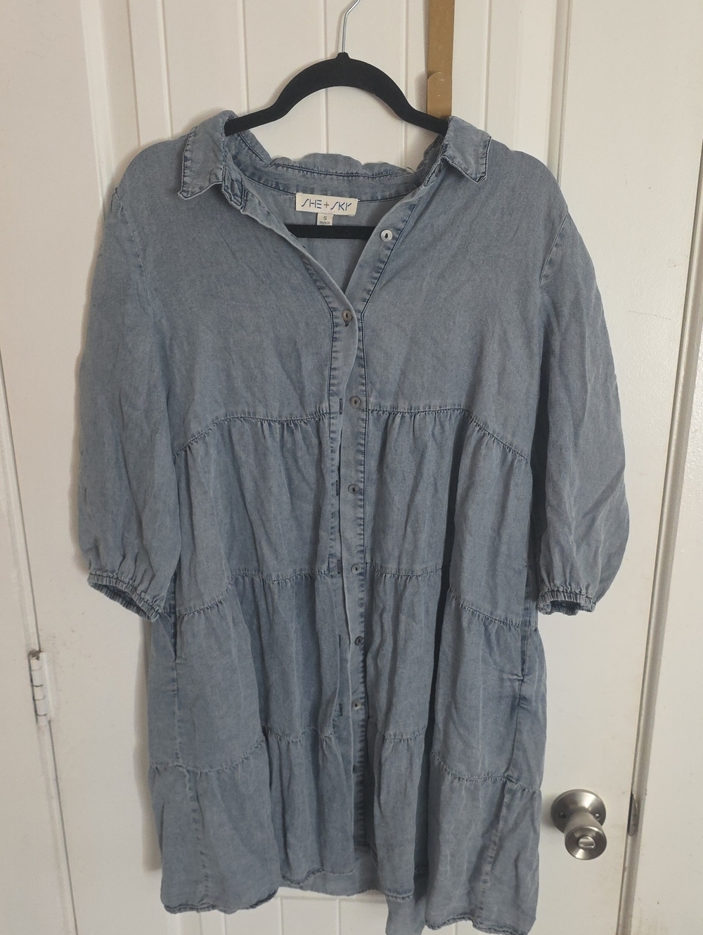 She + Sky Light Blue Washed Tiered Button-Up Mini Dress